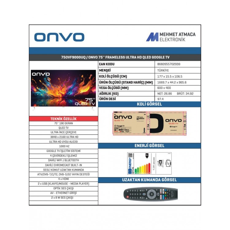 Onvo 75OVF9000UQ Ultra HD 75" 190 Ekran Uydu Alıcılı Google Smart QLED TV Onvo 75OVF9000UQ Ultra HD 75" 190 Ekran Uydu Alıcılı Google Smart QLED TV
