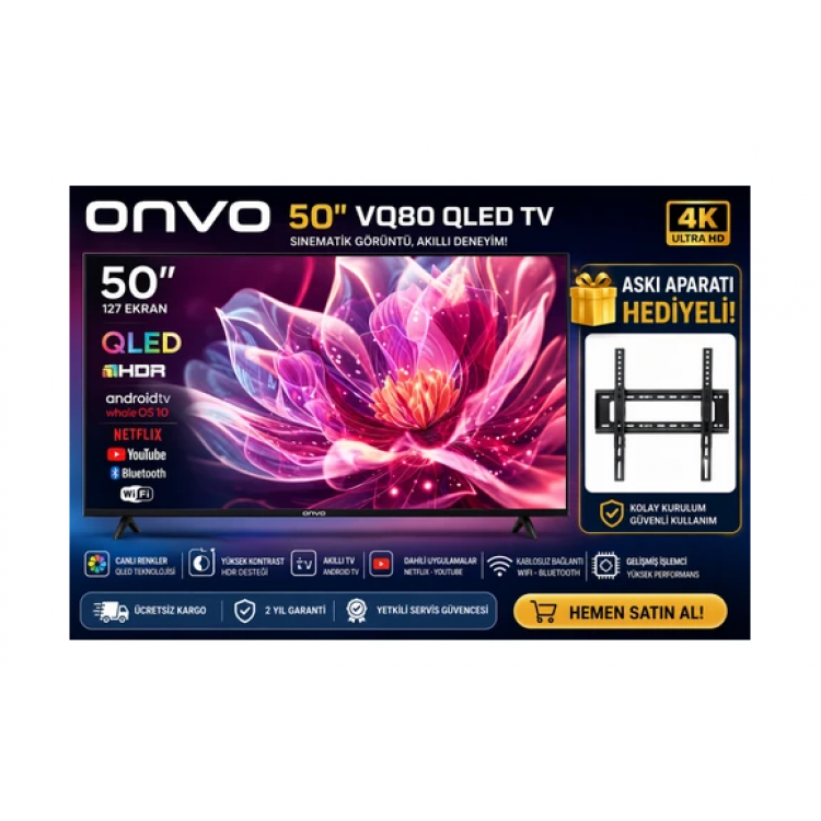 ONVO 50" 127 Ekran 4K Ultra HD Smart LED TV | Dahili Uydu Alıcılı | Wi-Fi | Netflix & YouTube | Ücretsiz Askı Aparatı Hediyeli ONVO 50" 127 Ekran 4K Ultra HD Smart LED TV | Dahili Uydu Alıcılı | Wi-Fi | Netflix & YouTube | Ücretsiz Askı Aparatı Hediyeli