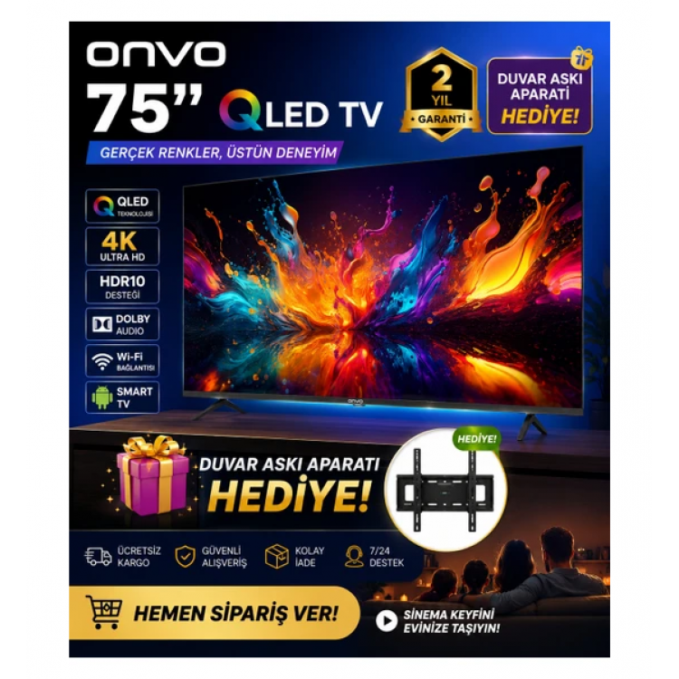 ONVO 75" 189 Ekran 4K Ultra HD Google Smart QLED TV | Netflix & YouTube | Wi-Fi | Bluetooth | Askı Aparatı Hediyel