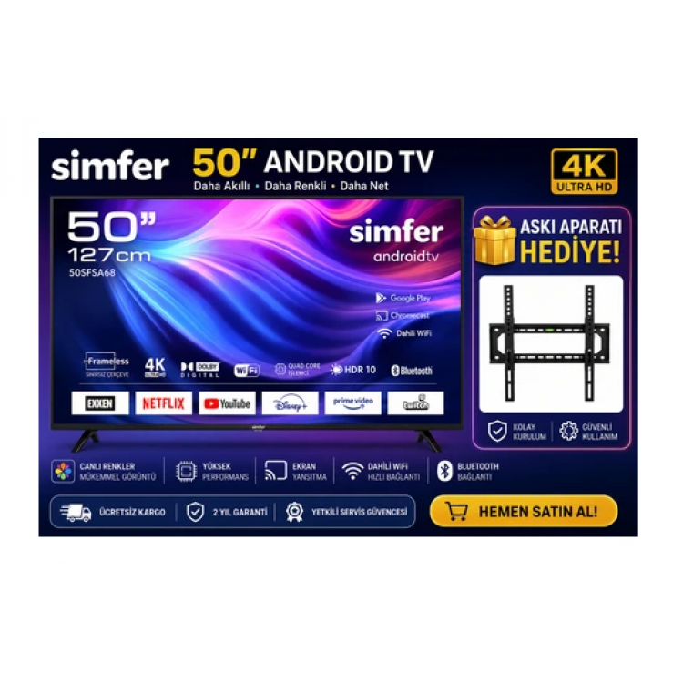 SİMFER 50" ANDROID TV | 127 Ekran 4K Ultra HD Smart LED TV | Netflix & YouTube | Wi-Fi | Askı Aparatı Hediyeli