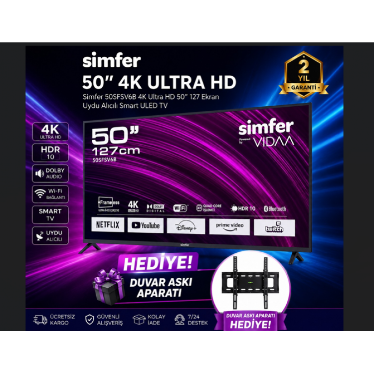 SİMFER 50" VIDAA TV | 127 Ekran 4K Ultra HD Smart LED TV | Netflix & YouTube | Hızlı Arayüz | Askı Aparatı Hediyeli SİMFER 50" VIDAA TV | 127 Ekran 4K Ultra HD Smart LED TV | Netflix & YouTube | Hızlı Arayüz | Askı Aparatı Hediyeli