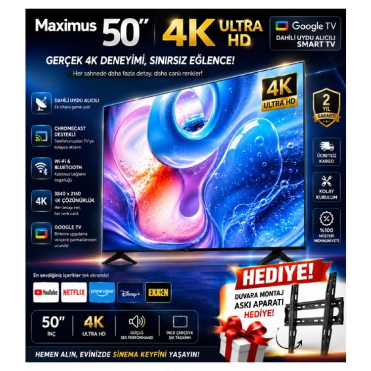 MAXIMUS 50" 127 Ekran 4K Ultra HD Smart LED TV | Netflix & YouTube | Wi-Fi | Dahili Uydu Alıcısı | Askı Aparatı Hediyeli MAXIMUS 50" 127 Ekran 4K Ultra HD Smart LED TV | Netflix & YouTube | Wi-Fi | Dahili Uydu Alıcısı | Askı Aparatı Hediyeli