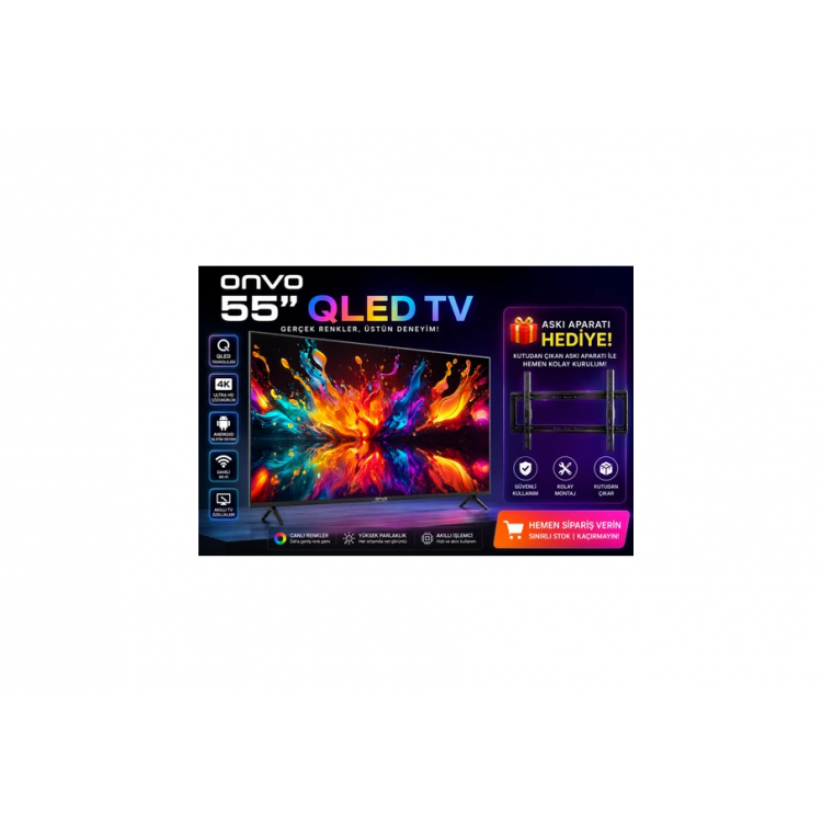 ONVO 55" 140 Ekran 4K Ultra HD Google Smart QLED TV | Netflix & YouTube | Wi-Fi | Bluetooth | Askı Aparatı Hediyeli