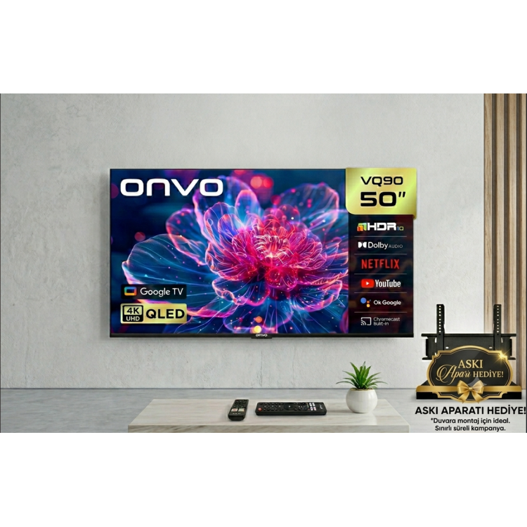 ONVO 50VQ90F3FA 127 Ekran 4K QLED Google Smart TV Askı Aparatı Hediye ONVO 50VQ90F3FA 127 Ekran 4K QLED Google Smart TV Askı Aparatı Hediye